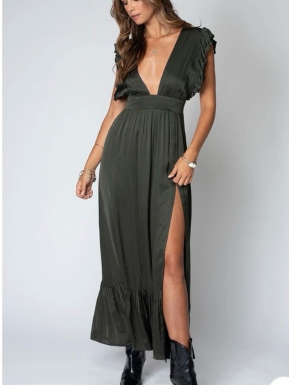 Stillwater XS Olive Plunging Ruffle Sleeve Maxi Dress Boho Festival